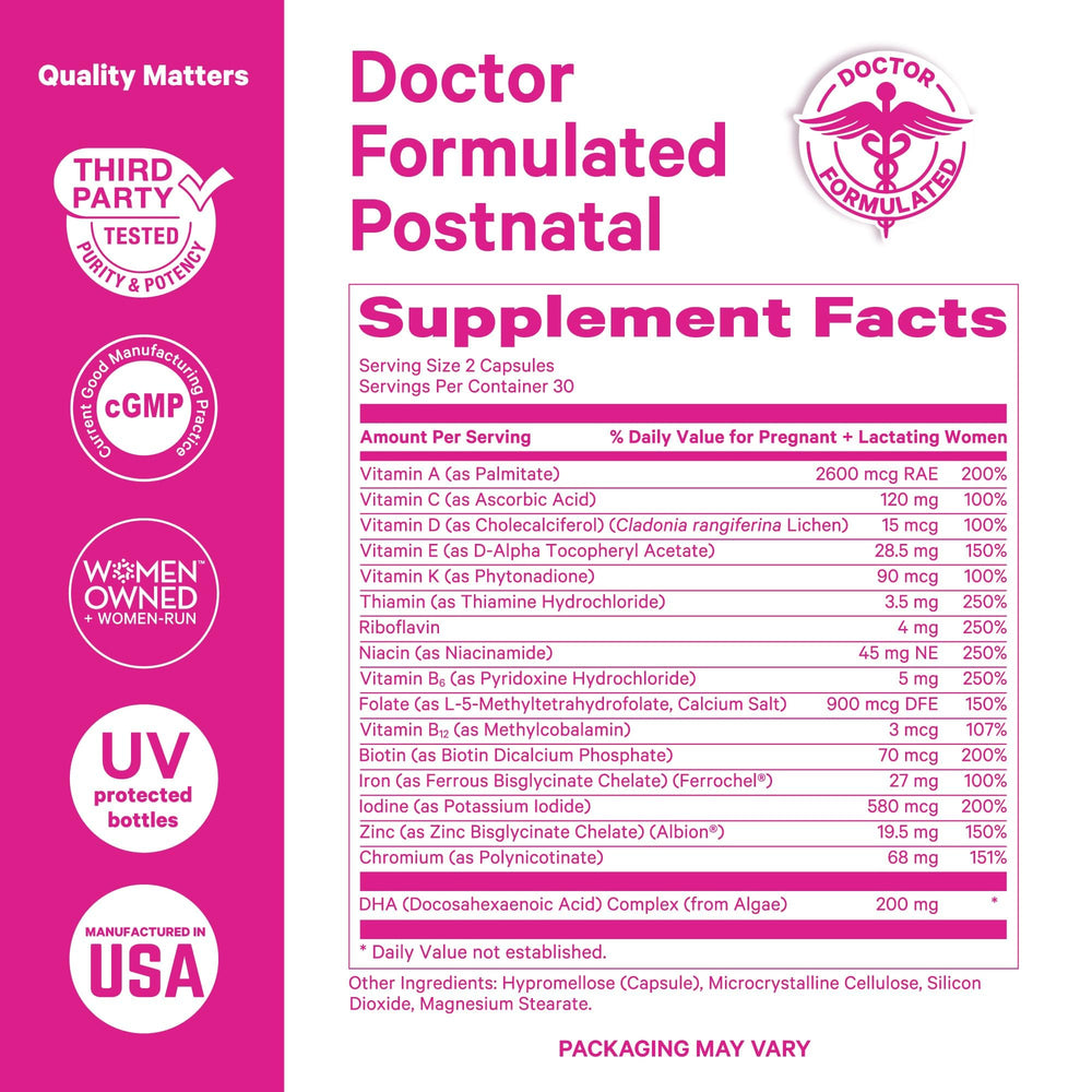 Pill dispense of Pink Stork Total Postnatal illustrating 2 capsules daily use