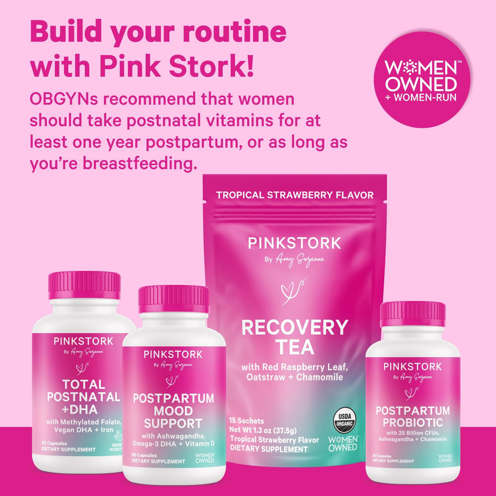 Vegan DHA symbol on Pink Stork Total Postnatal packaging