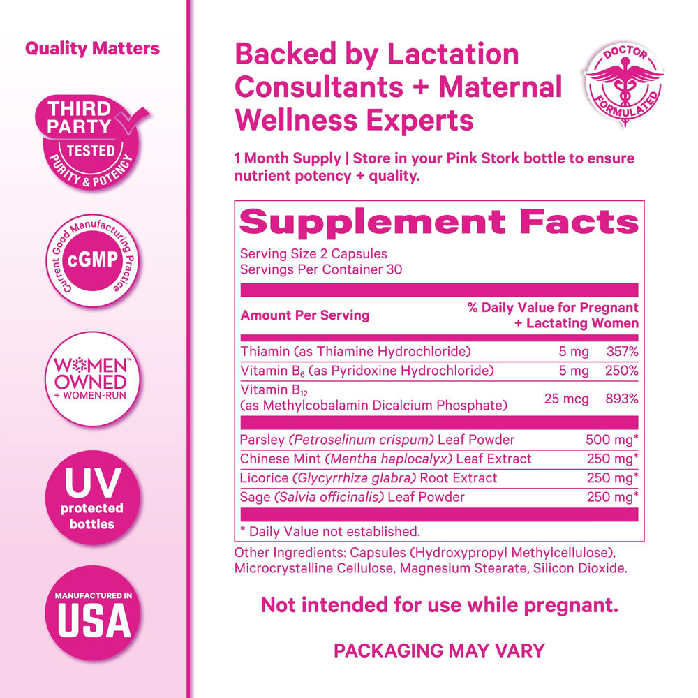 Pink Stork Total Postnatal Vitamins displayed with No Flow products