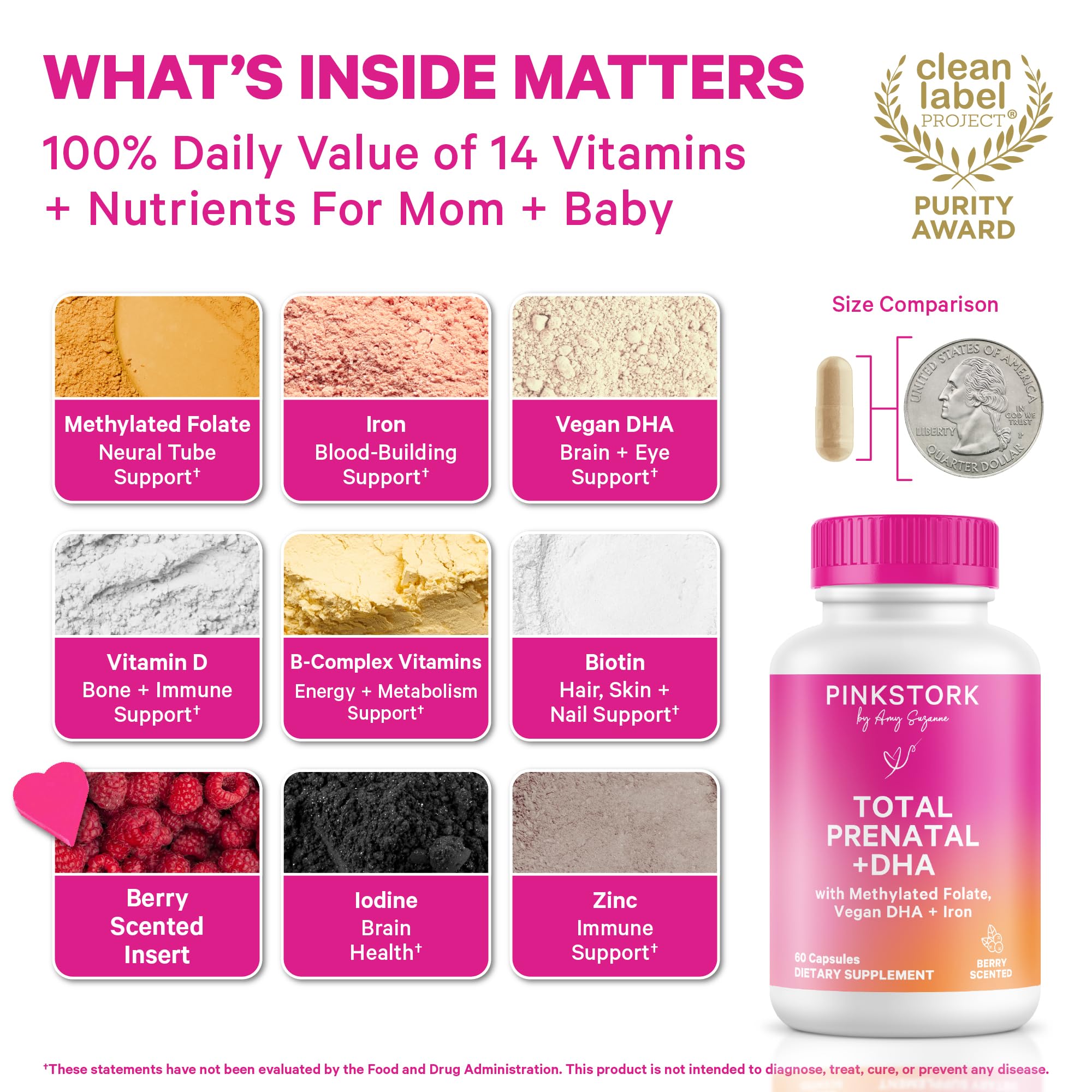 Close-up of Pink Stork Total Prenatal capsules showing easy-to-swallow form