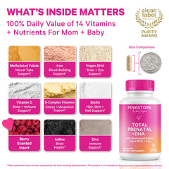 Close-up of Pink Stork Total Prenatal capsules showing easy-to-swallow form