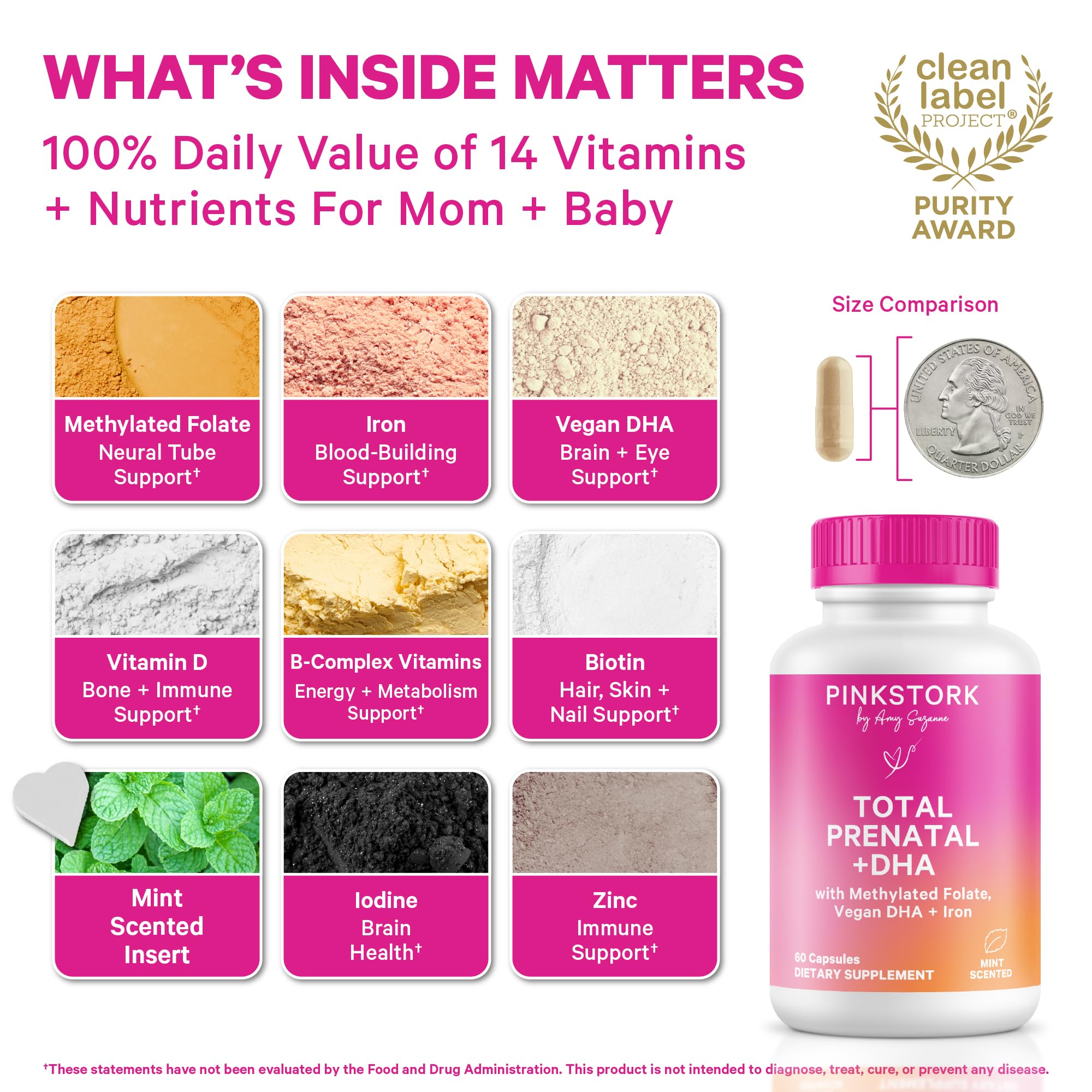 Pink Stork Total Prenatal DHA capsules close-up highlighting omega-3 content.