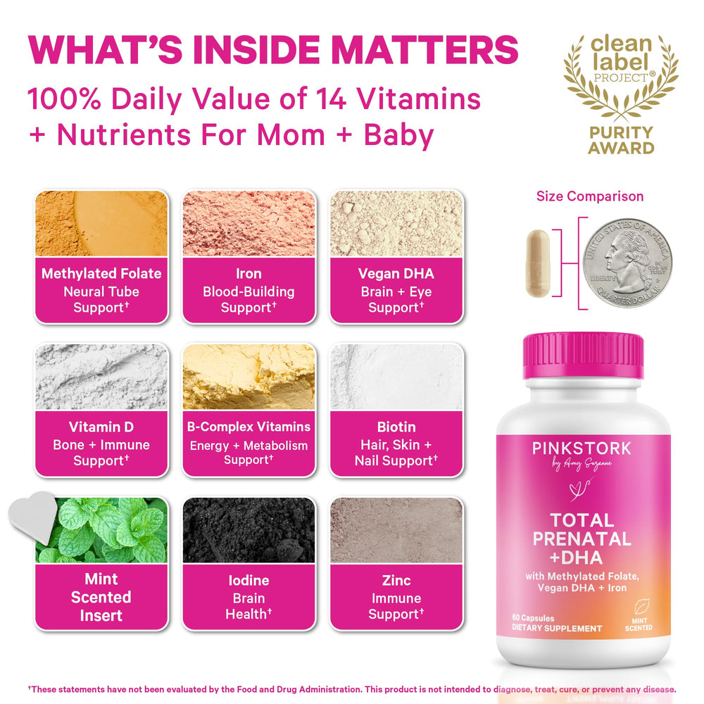 Pink Stork Total Prenatal DHA capsules close-up highlighting omega-3 content.
