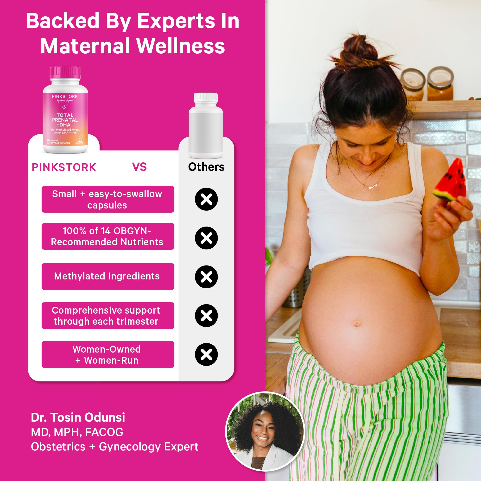 Pink Stork Total Prenatal DHA label front emphasizes 5-MTHF folate and clean ingredients.