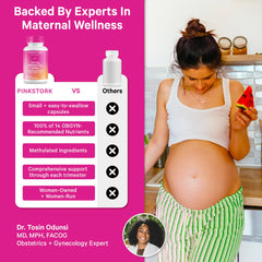 Pink Stork Total Prenatal DHA label front emphasizes 5-MTHF folate and clean ingredients.