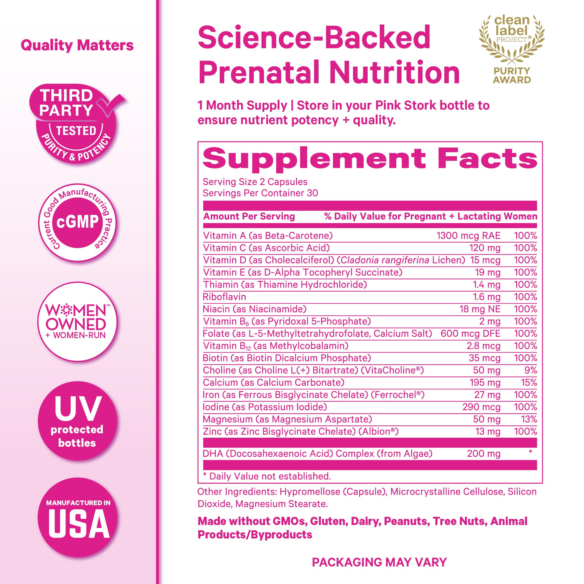 Pink Stork Total Prenatal DHA packaging conveys a simple two-capsule daily ritual.