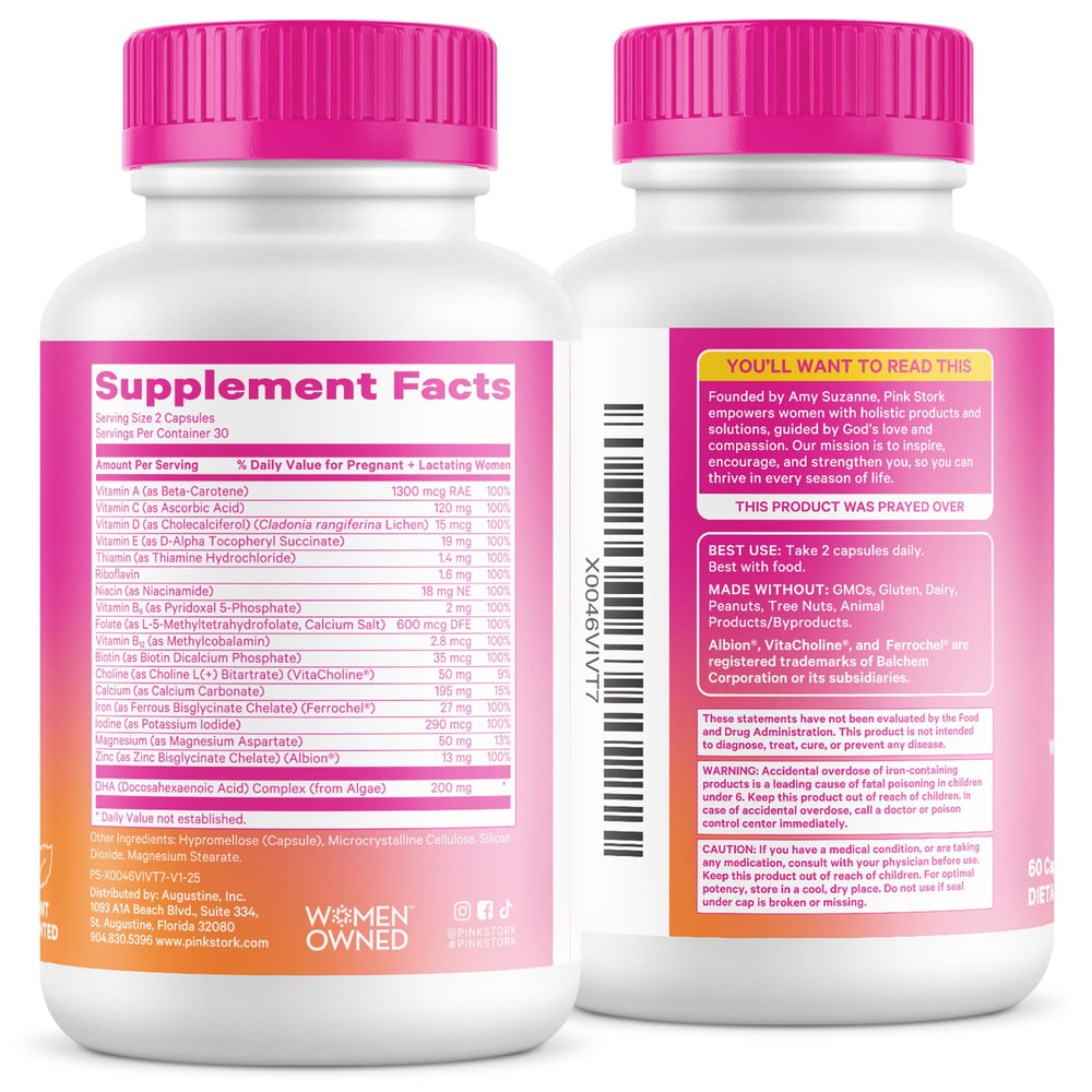 Pink Stork Total Prenatal DHA swallowing-friendly capsules for daily use.