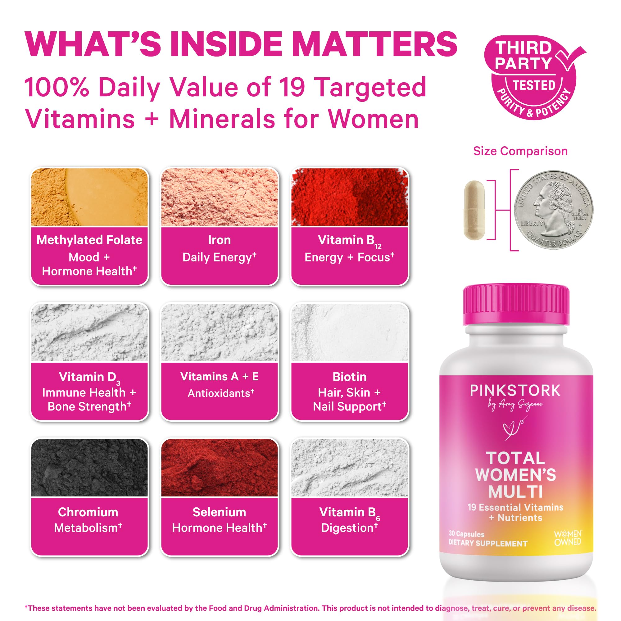 Pink Stork Total Women’s Multivitamin capsule close-up highlighting essential vitamins.