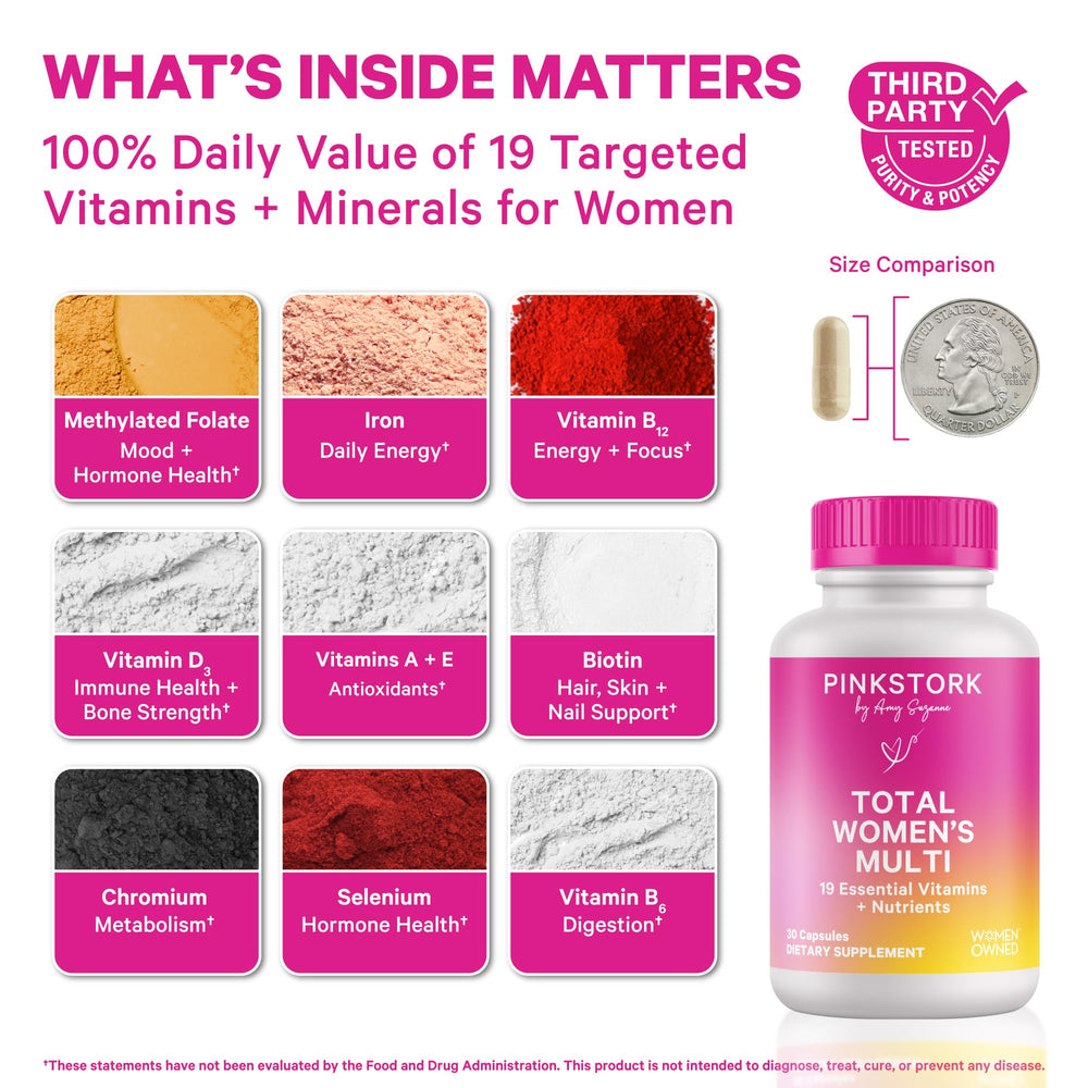 Pink Stork Total Women’s Multivitamin capsule close-up highlighting essential vitamins.