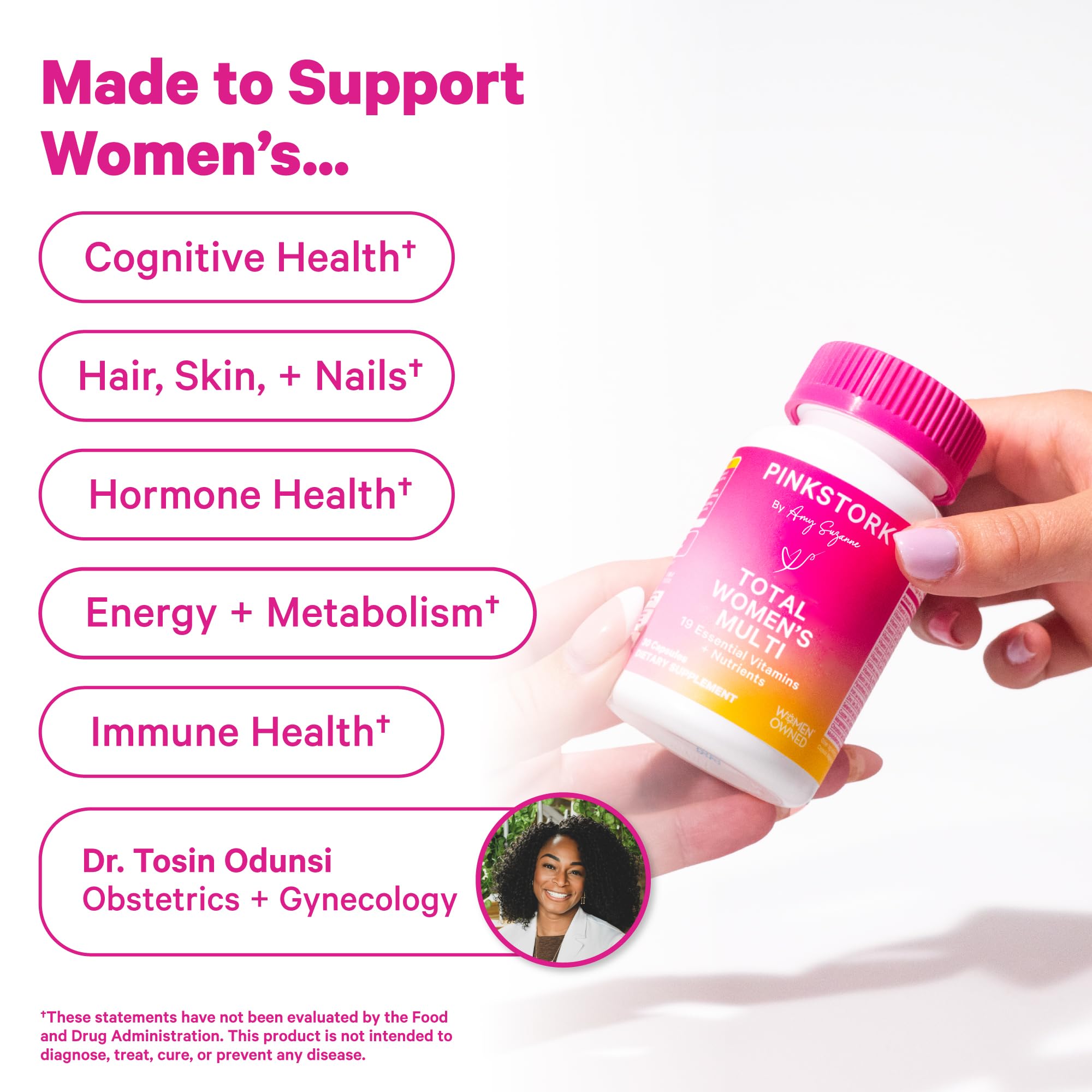 Pink Stork Total Women’s Multivitamin daily-dose concept showing one-capsule convenience.