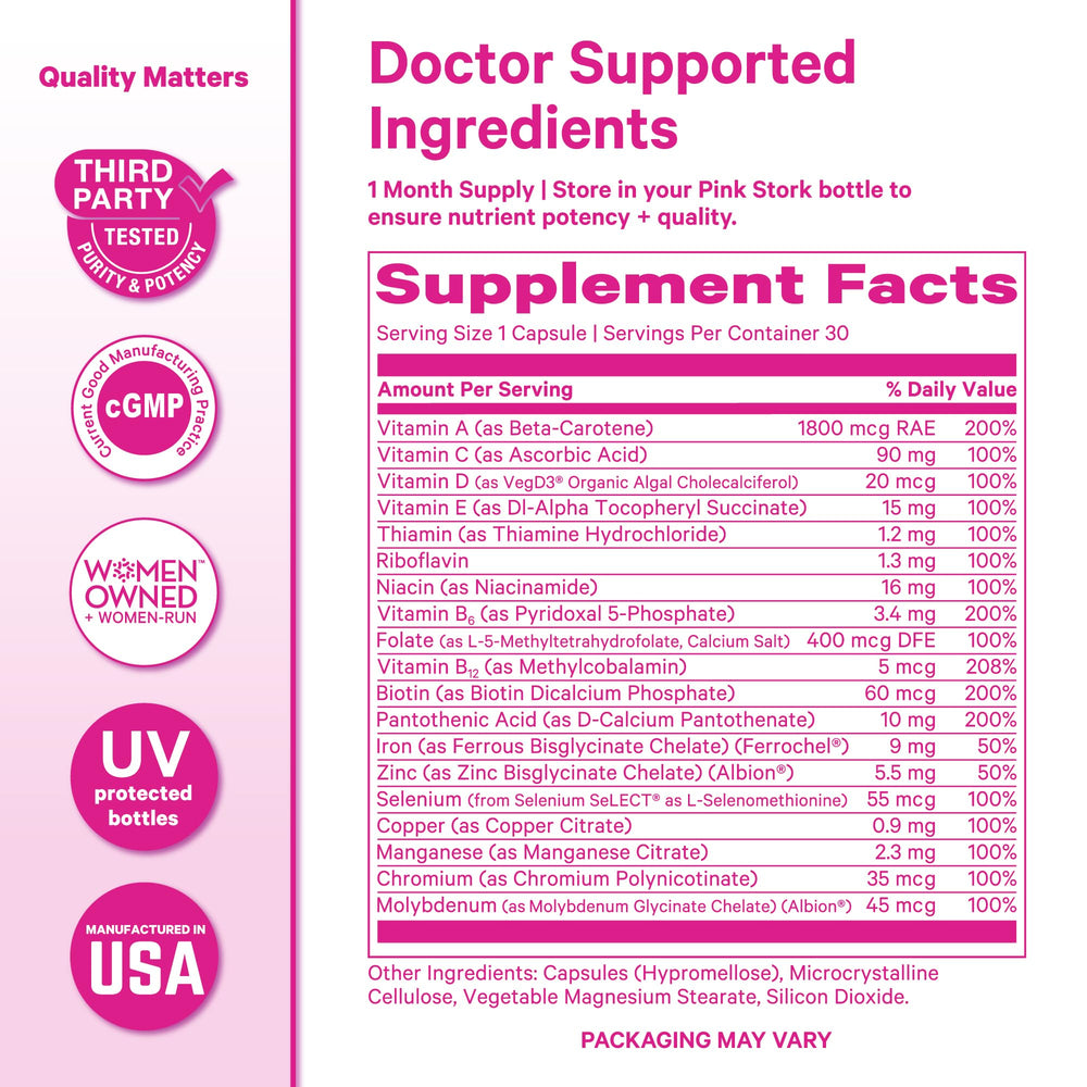 Pink Stork Total Women’s Multivitamin energy and mood support concept.