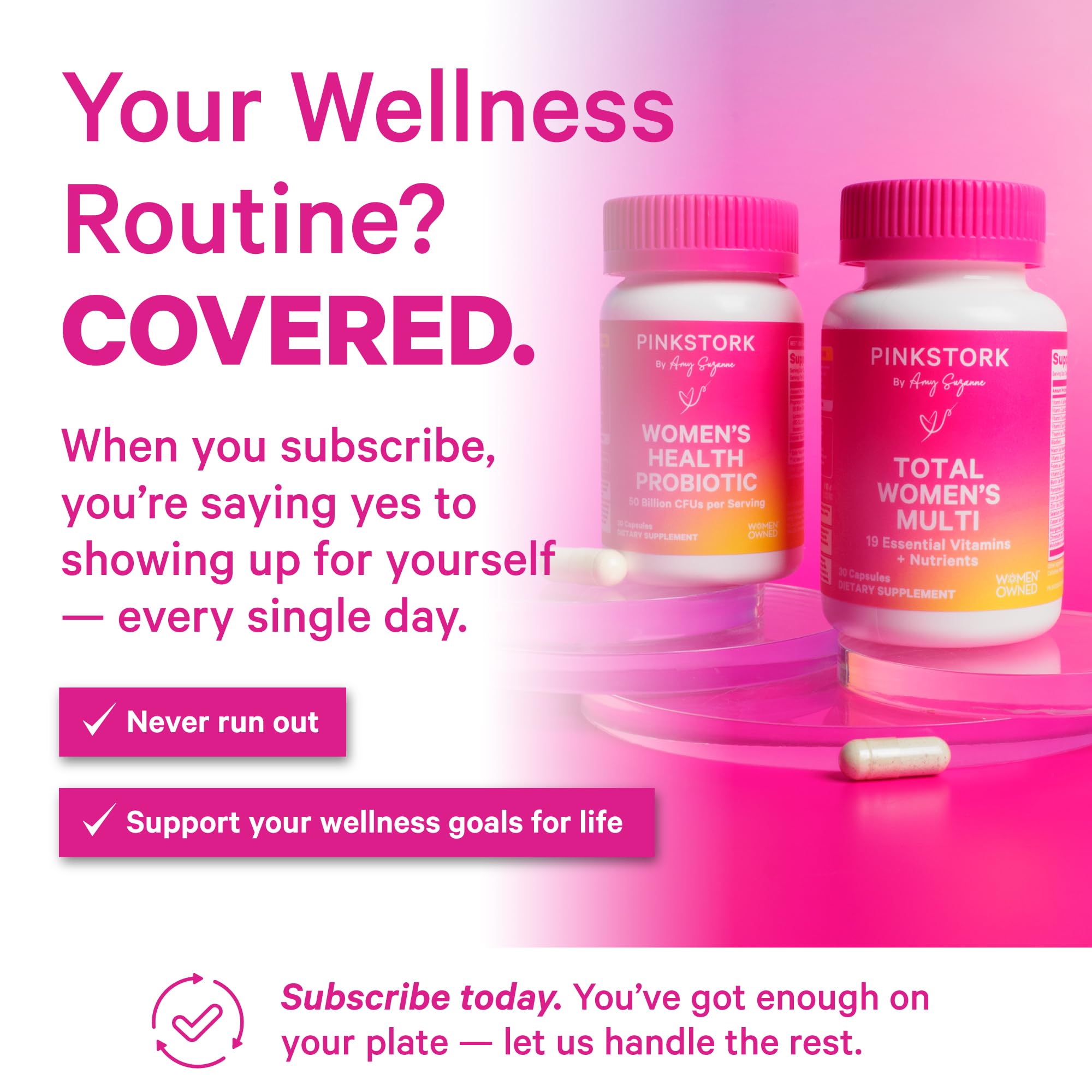 Pink Stork Total Women’s Multivitamin bottle with ingredients highlights.