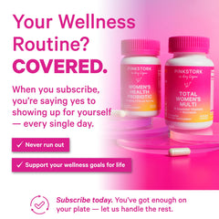 Pink Stork Total Women’s Multivitamin bottle with ingredients highlights.