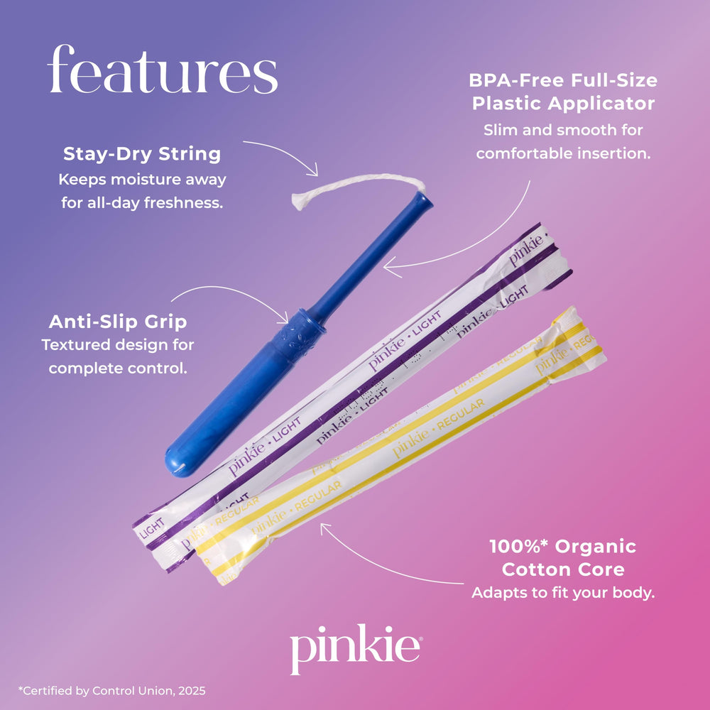 Pinkie tampons feature a smooth full-length applicator with an anti-slip grip.