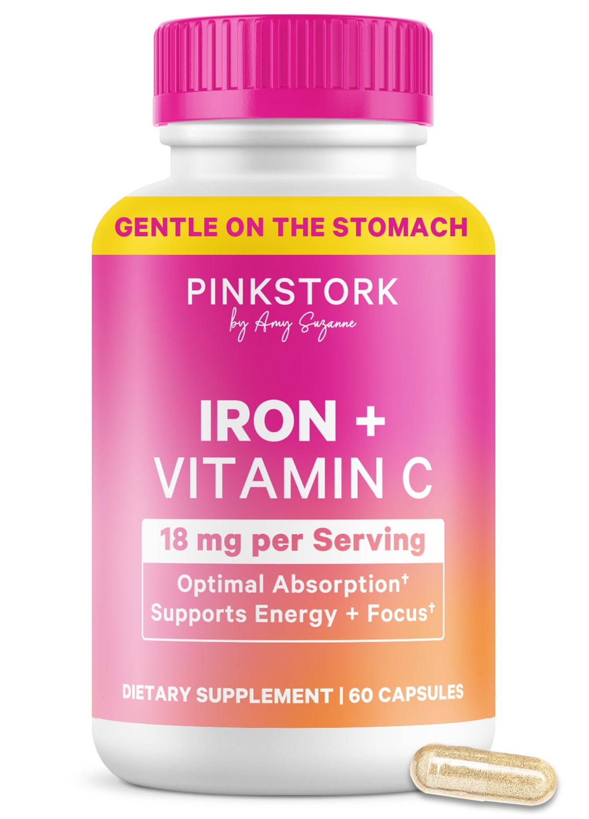 Pink Stork Iron capsules showing gentle bisglycinate iron for smooth daily support