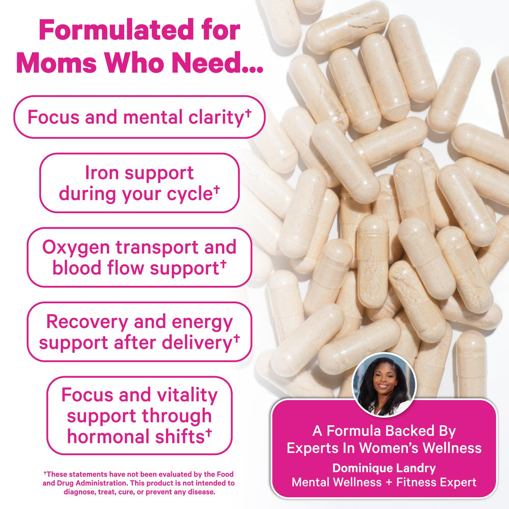 Pink Stork Iron bottle label close-up highlighting vegan, clean formula