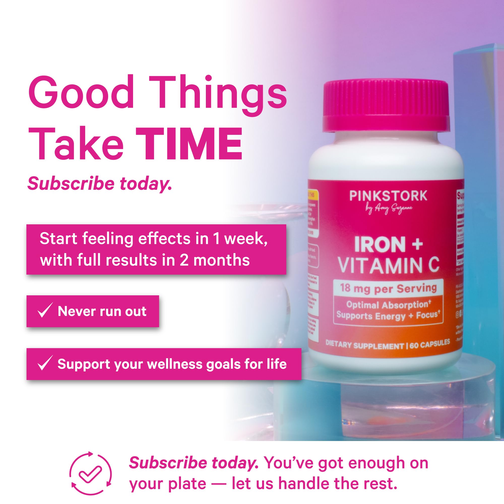 Pink Stork Iron capsules on white background for quick recognition