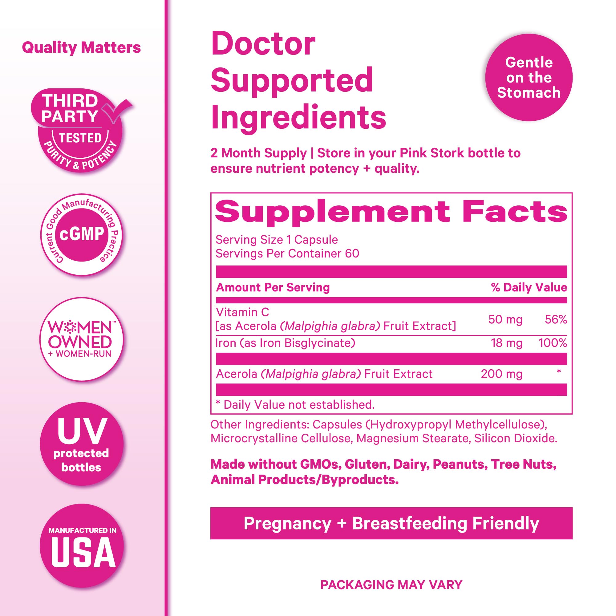 Pink Stork Iron capsules on a natural wood surface presentation