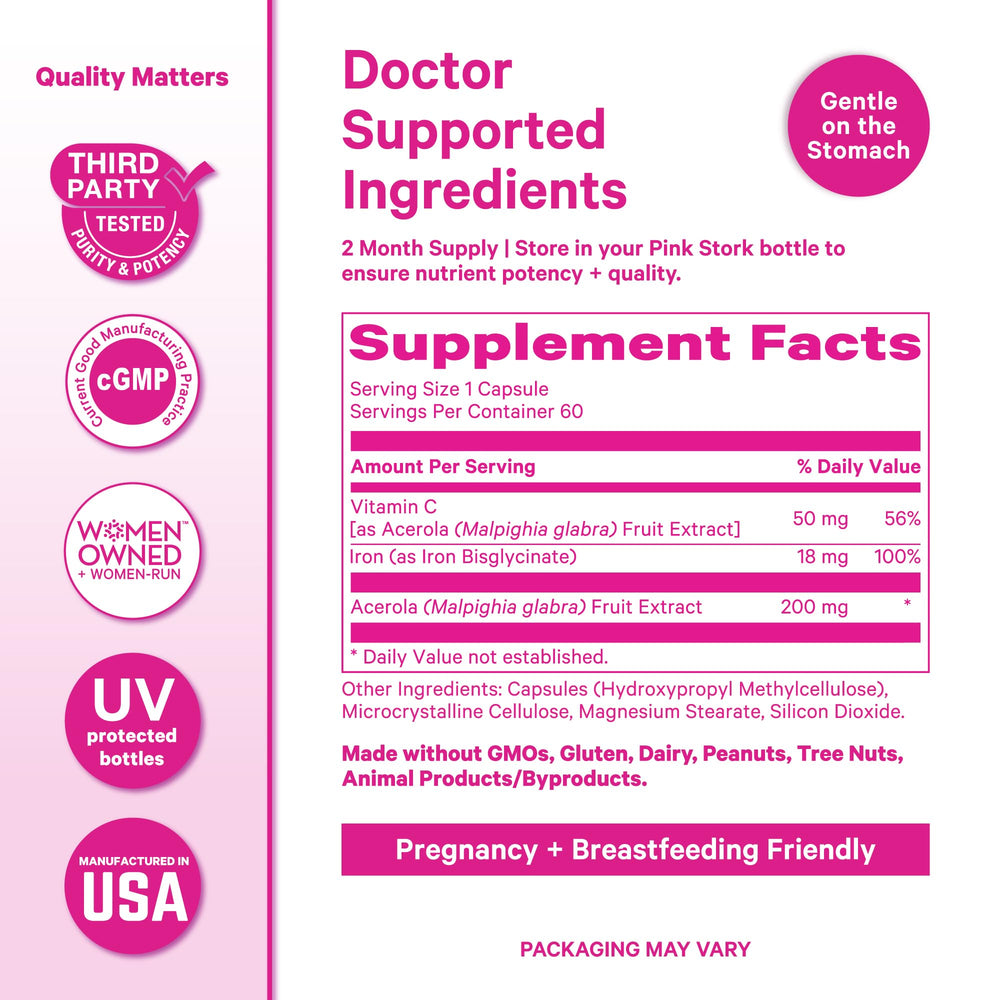 Pink Stork Iron capsules on a natural wood surface presentation