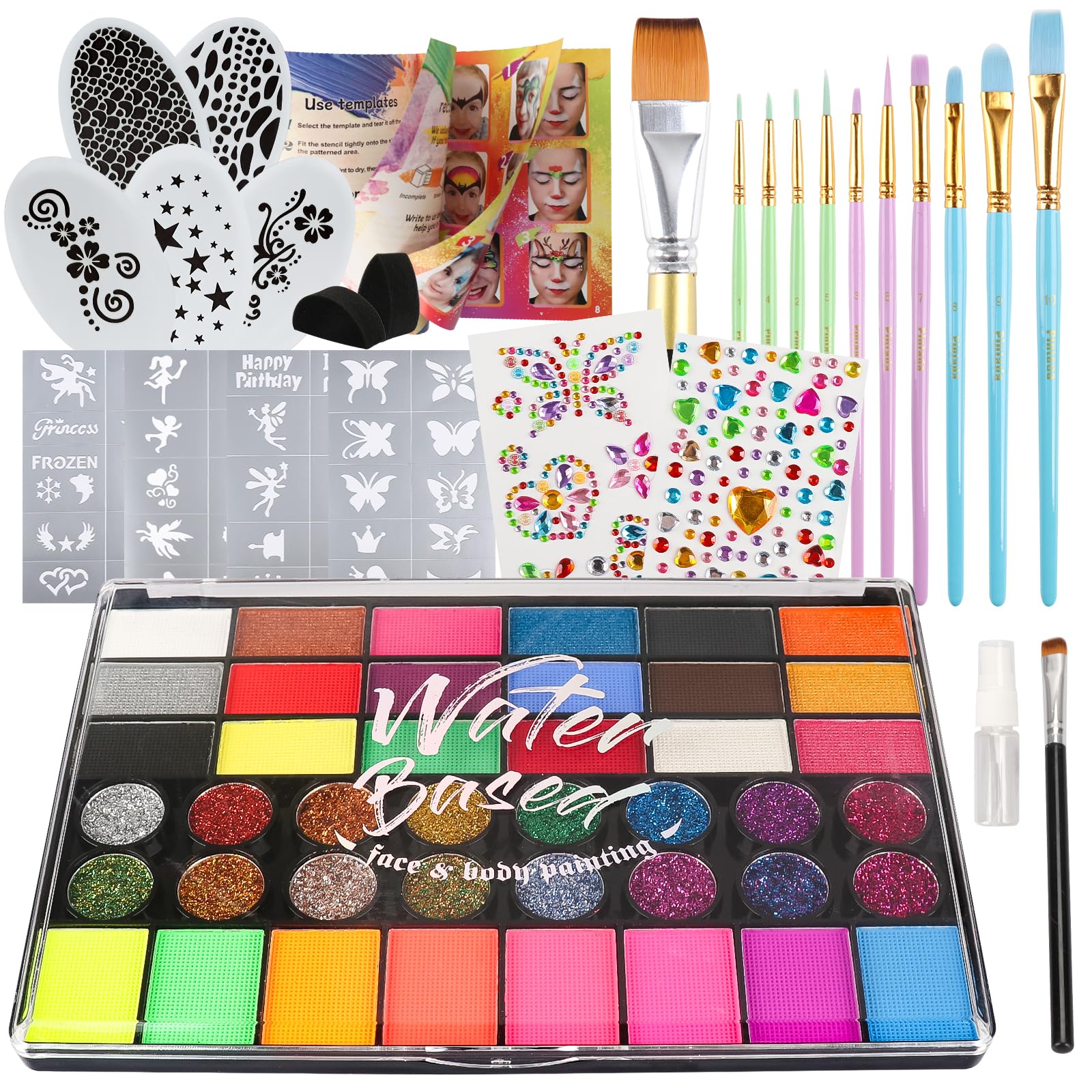 Pintada 42-color face-paint palette showcasing vibrant shades for bold party looks on skin.