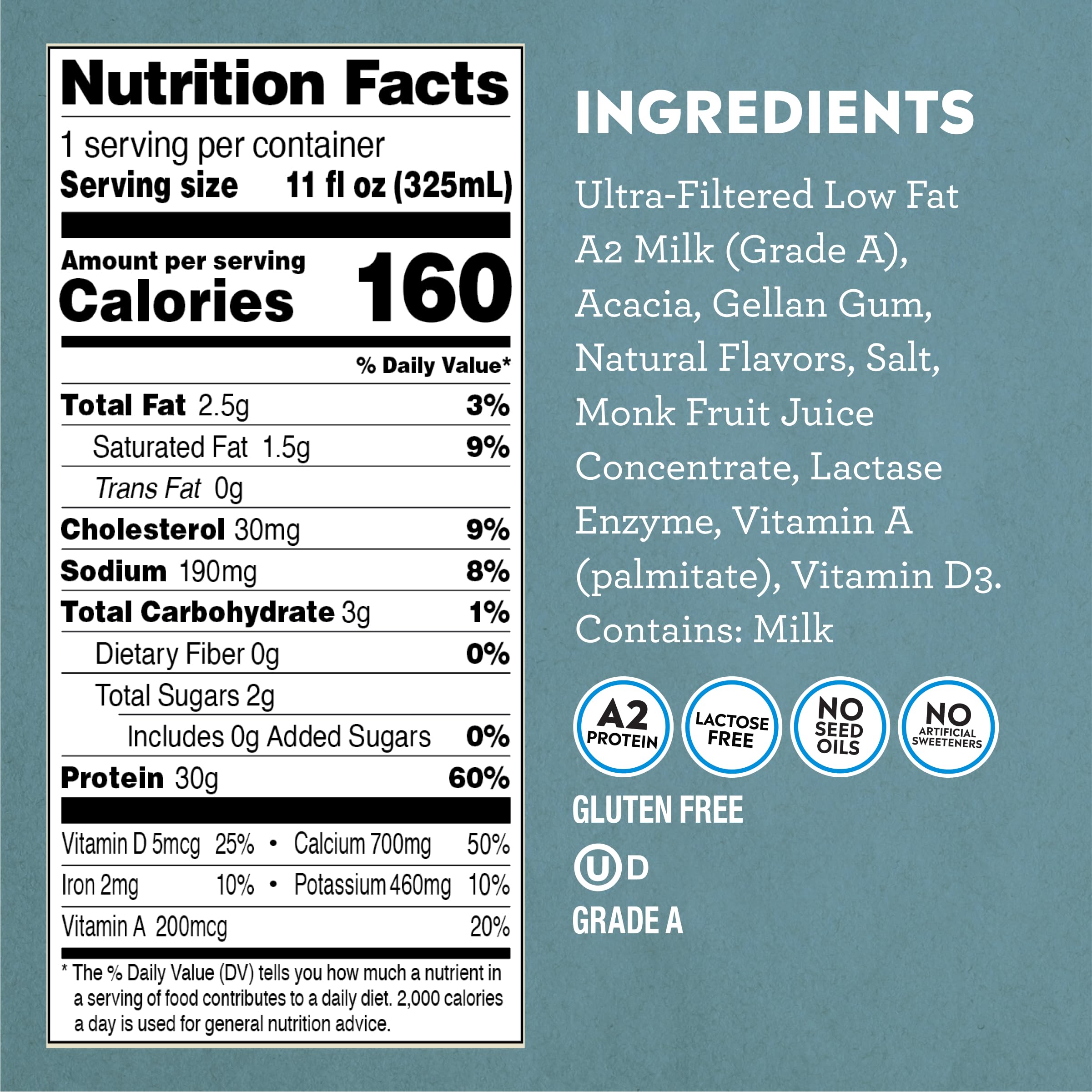 Pioneer Pastures vanilla A2 milkshake nutrition label shows protein and sugar