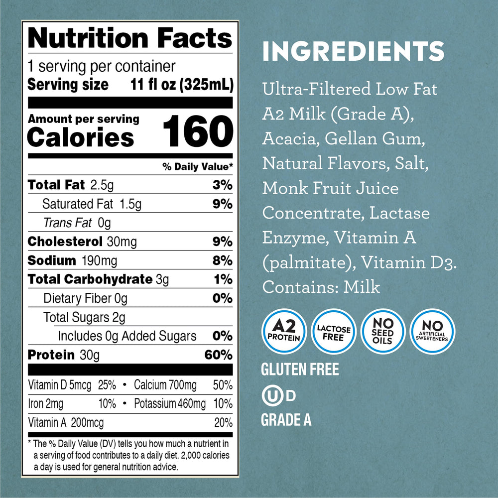 Pioneer Pastures vanilla A2 milkshake nutrition label shows protein and sugar