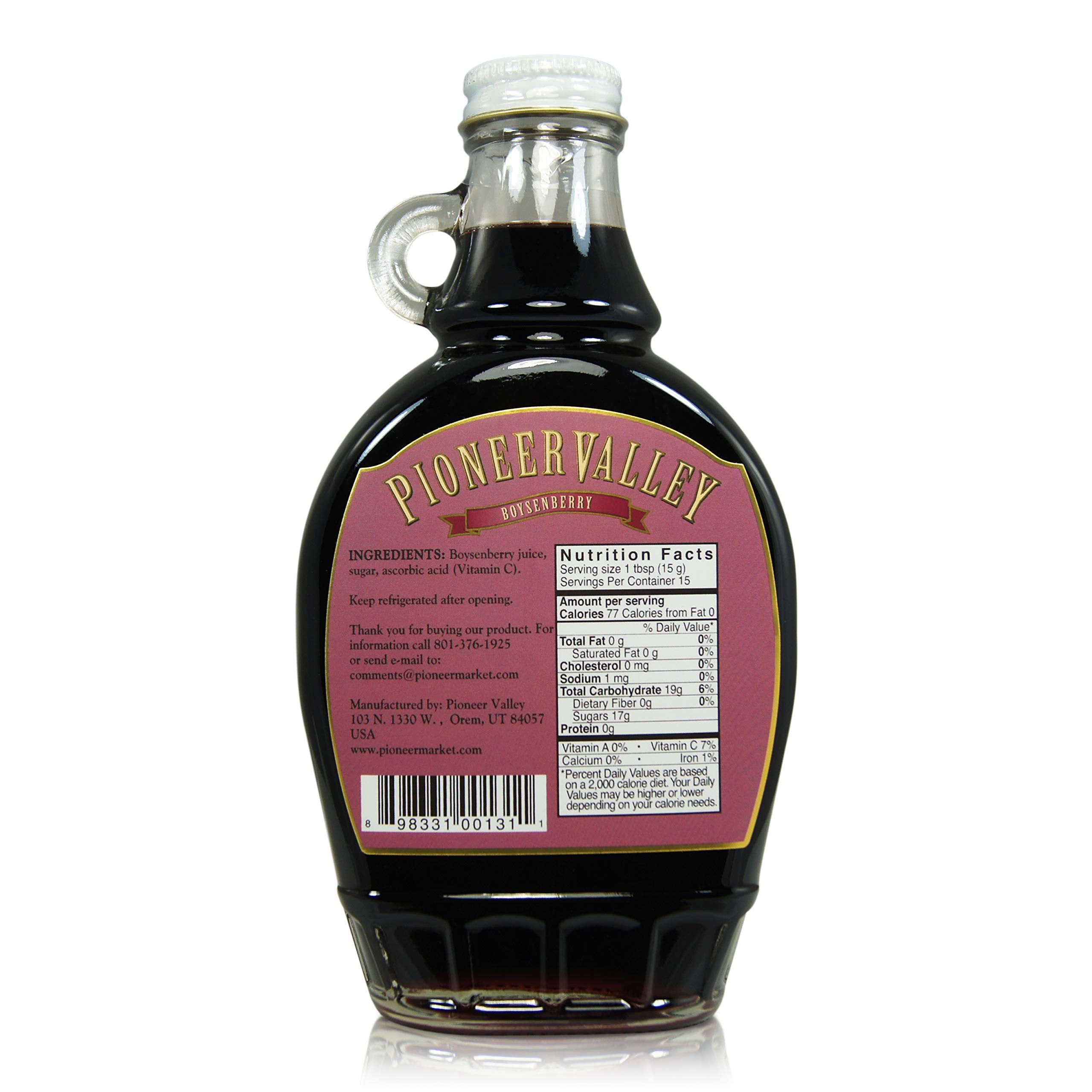 Pioneer Valley Boysenberry Fancy Syrup poured on pancakes highlights fruity sweetness.