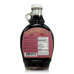 Pioneer Valley Boysenberry Fancy Syrup poured on pancakes highlights fruity sweetness.