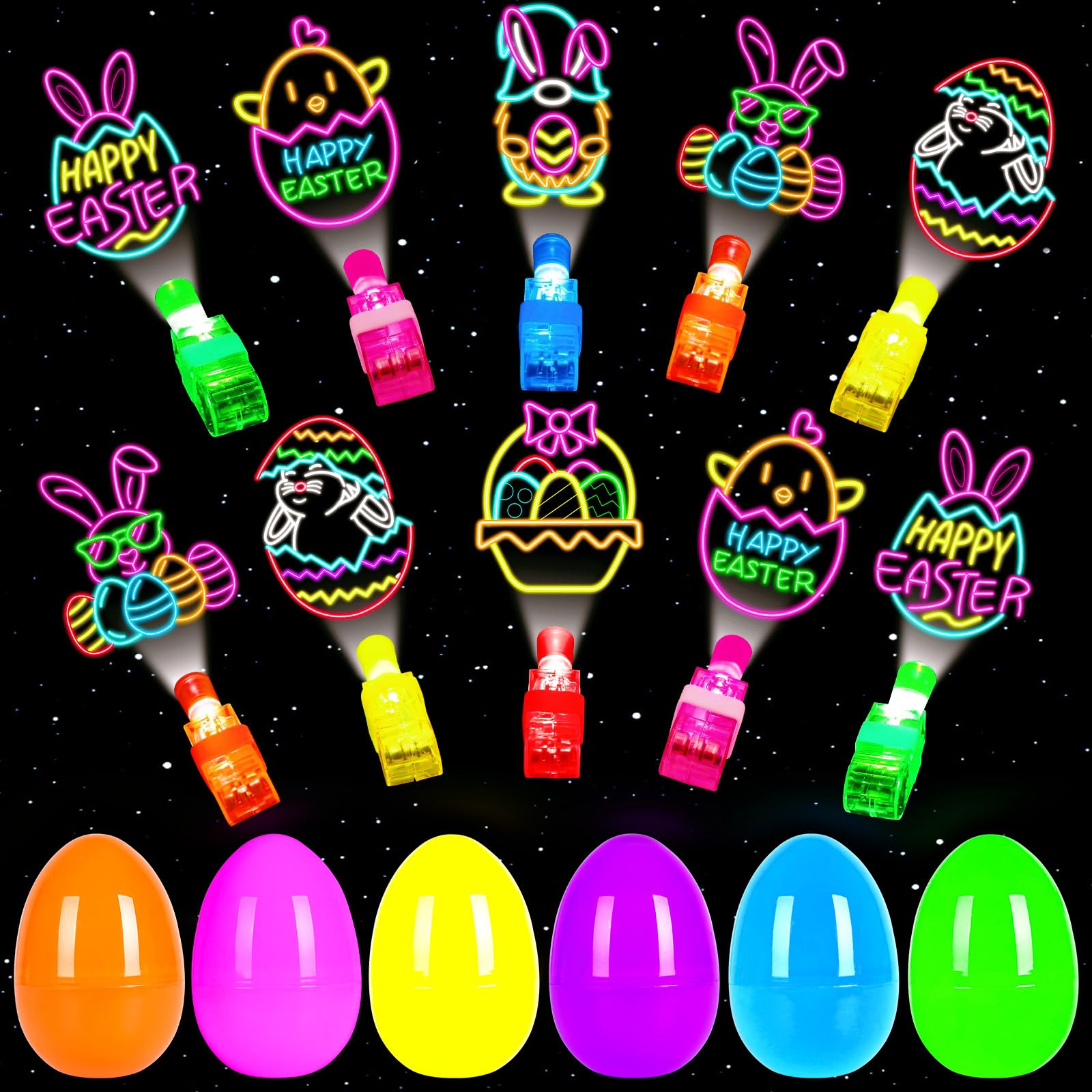 PIONJOY 24-pack Easter eggs with LED finger lights for engaging egg hunts.