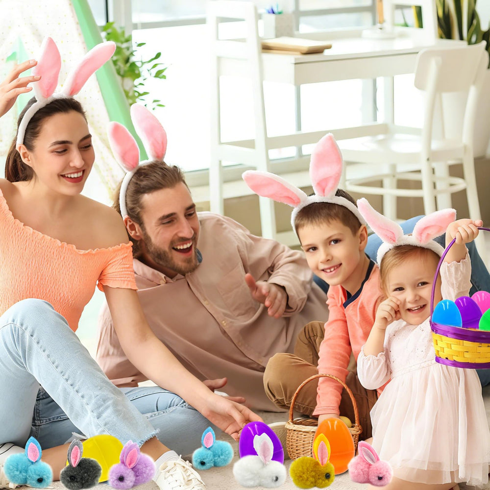PIONJOY plush bunny in a pink Easter egg, perfect for kids’ parties and pretend play.