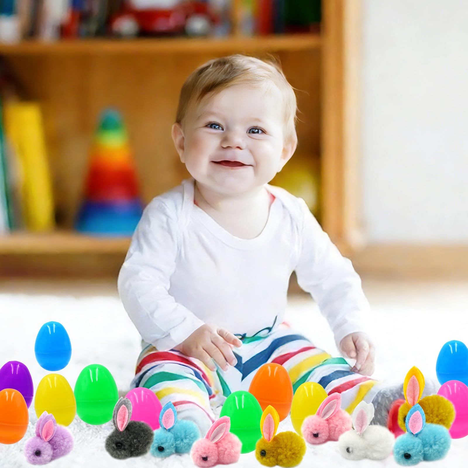 PIONJOY plush bunny in a purple Easter egg, a cute Easter decor piece.