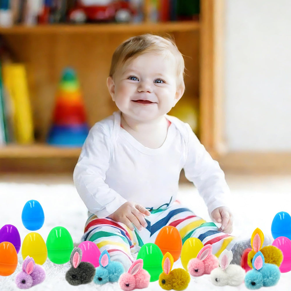 PIONJOY plush bunny in a purple Easter egg, a cute Easter decor piece.