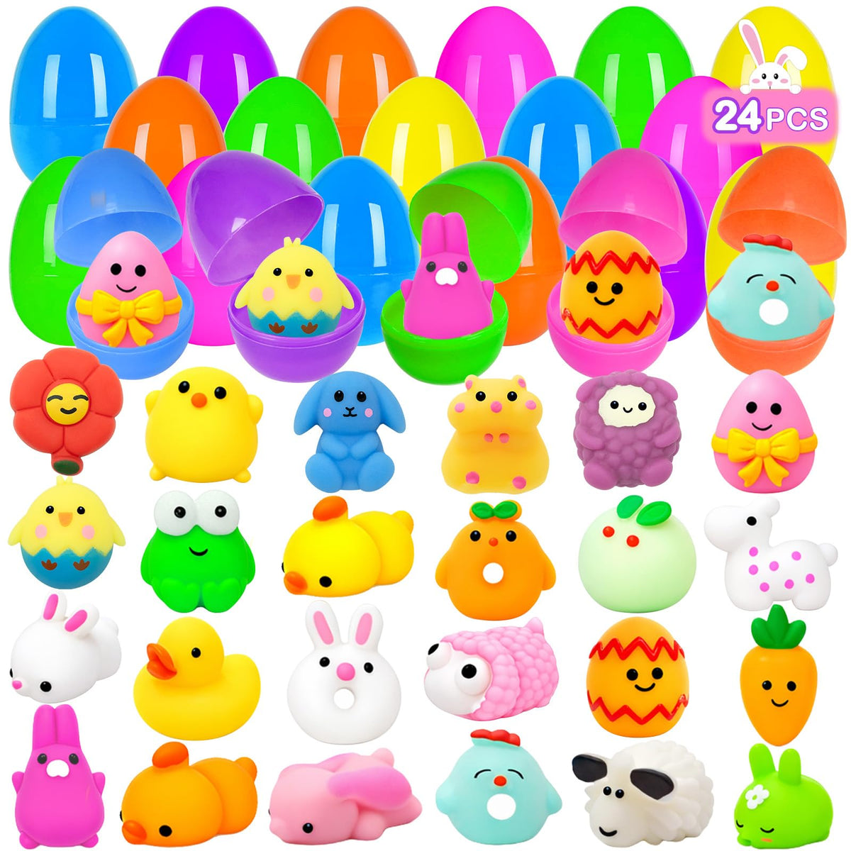 PIONJOY 24-pack Easter eggs with mochi squishies for festive gift sets.