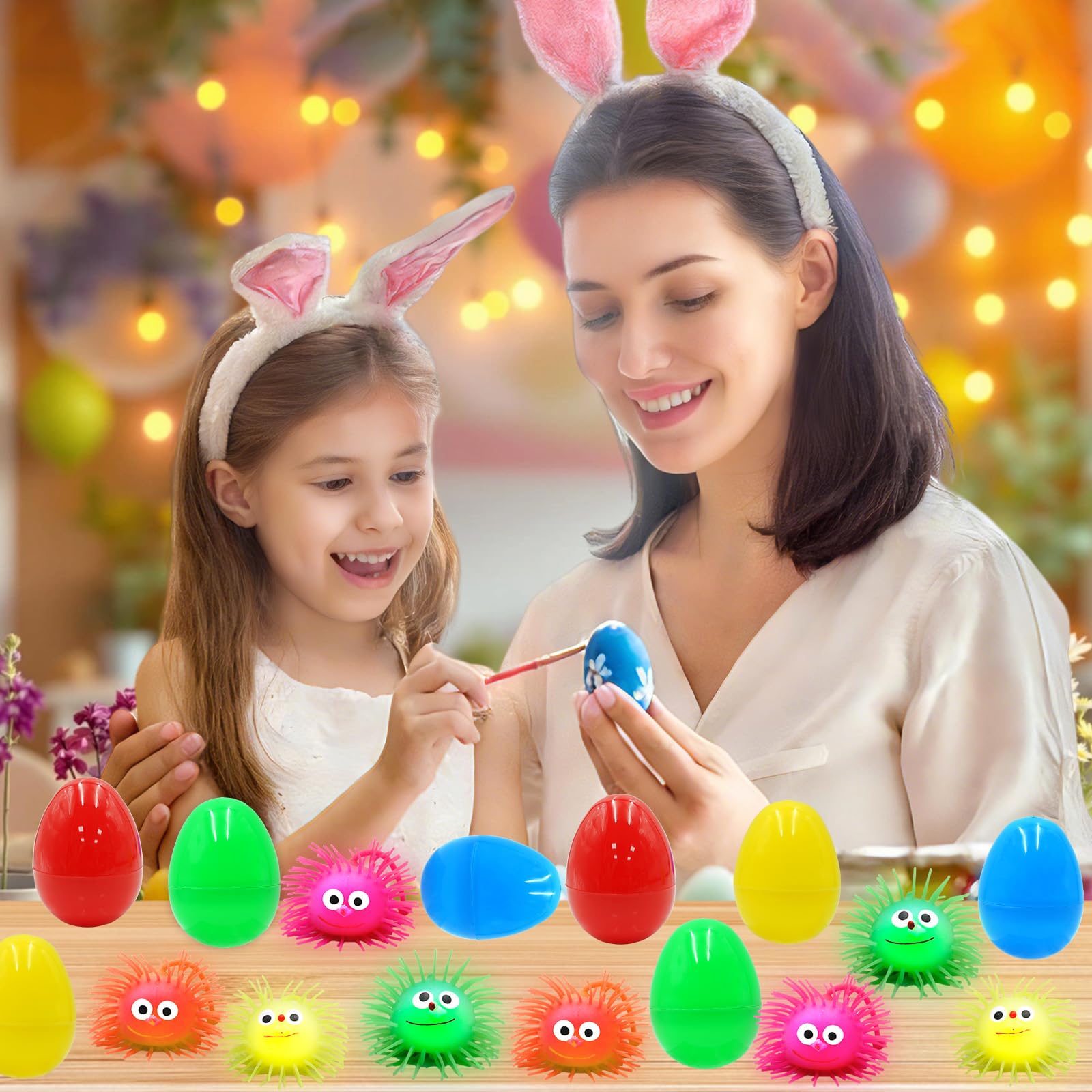PIONJOY jumbo Easter egg LED puffer ball in blue glows during nighttime play.