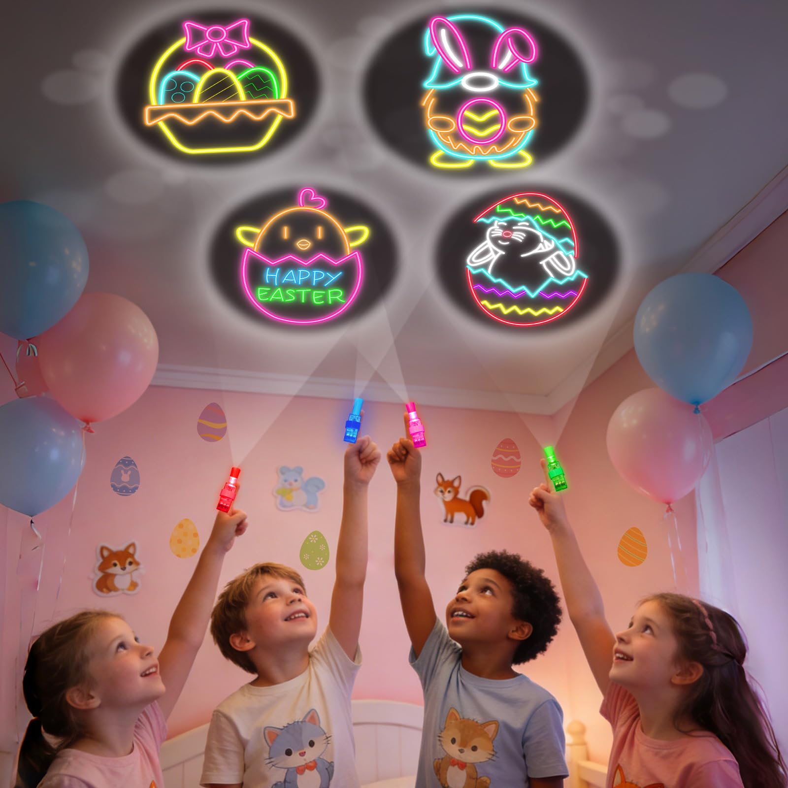 PIONJOY neon shapes glow in the dark for a vibrant Easter scene.
