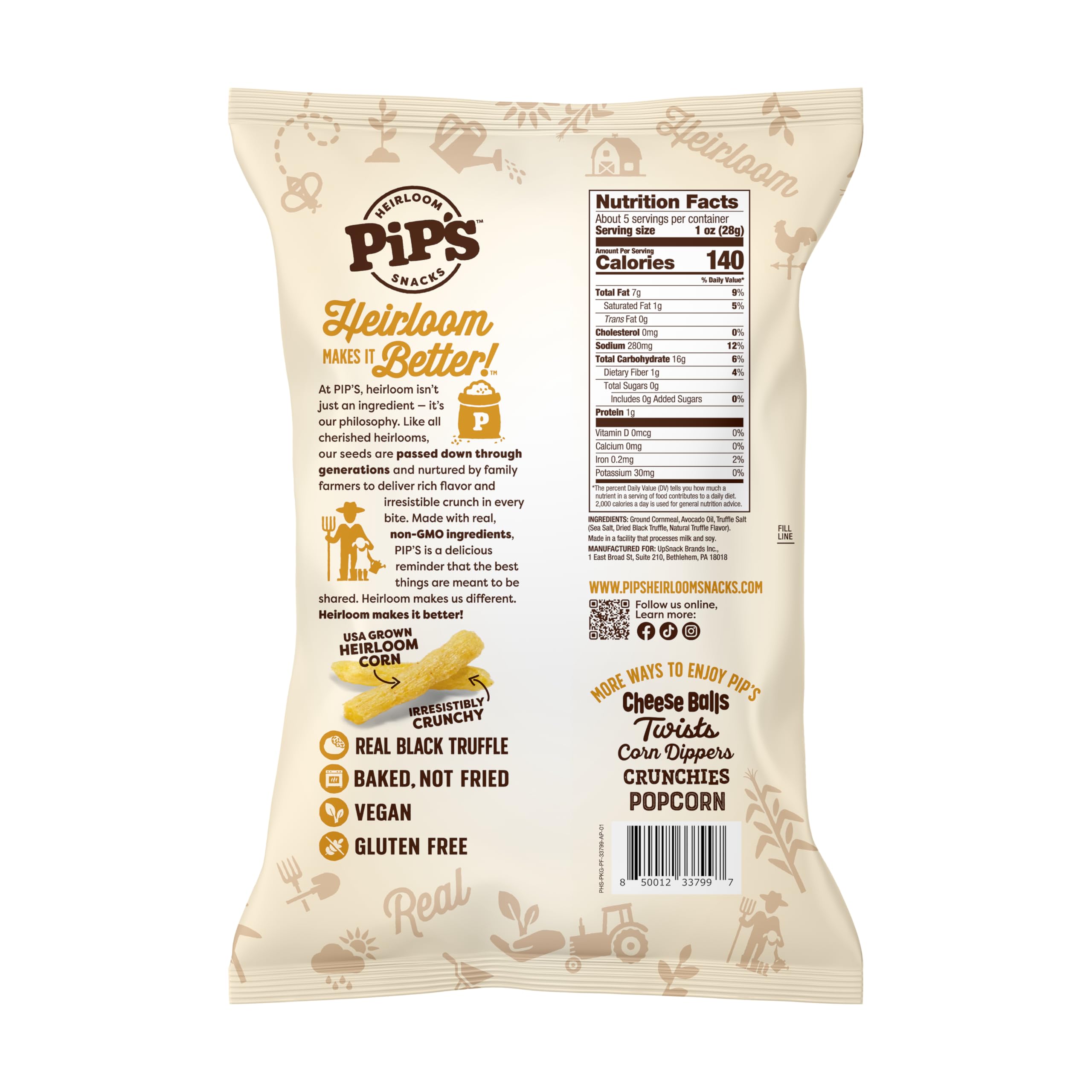 Closeup of Pipcorn Truffle Fries highlighting heirloom corn texture and shareable crunch.