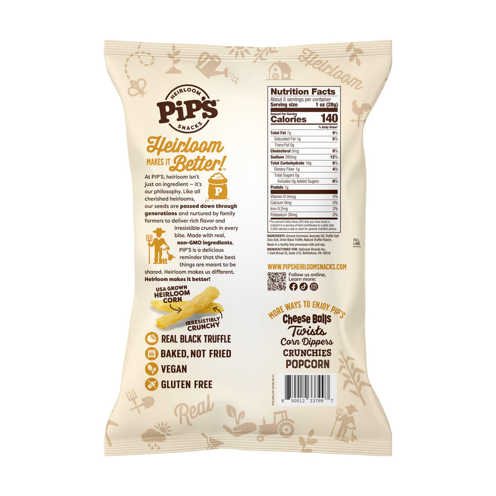 Closeup of Pipcorn Truffle Fries highlighting heirloom corn texture and shareable crunch.