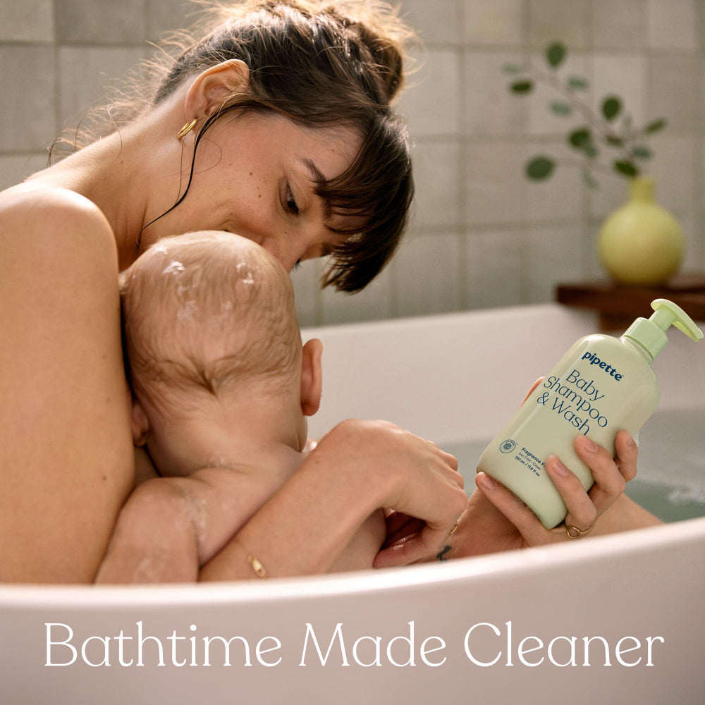 Pipette tear-free baby shampoo label on bottle.