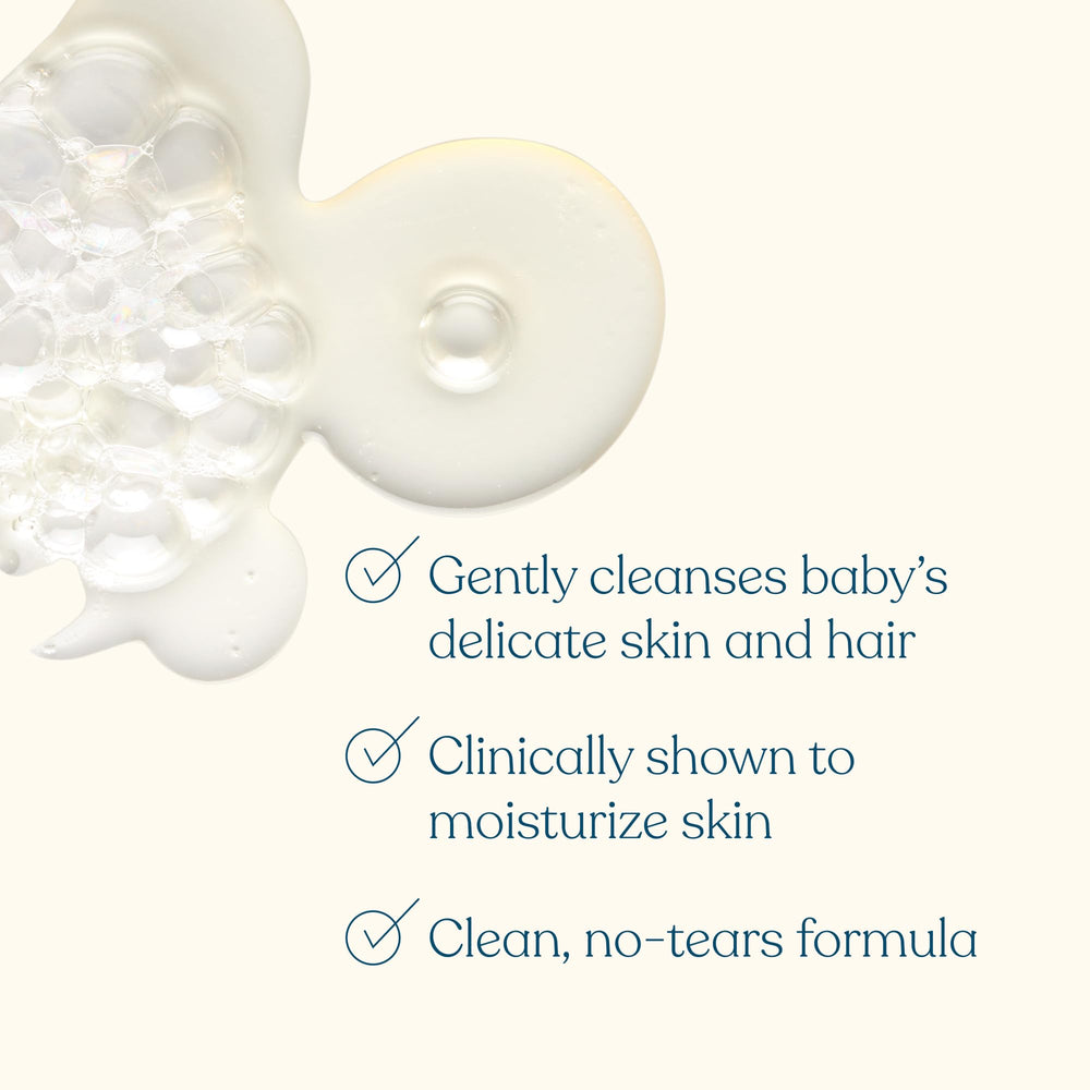 Pipette Vanilla and Ylang Ylang shampoo pour demonstrates tear-free use.