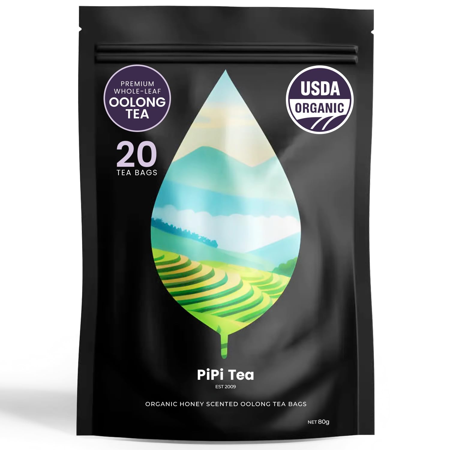PiPi Tea Organic Oolong tea bags packaging highlights premium whole leaf quality.