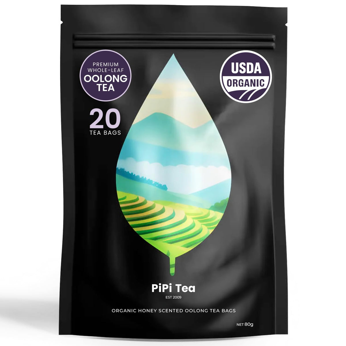 PiPi Tea Organic Oolong tea bags packaging highlights premium whole leaf quality.