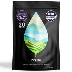 PiPi Tea Organic Oolong tea bags packaging highlights premium whole leaf quality.