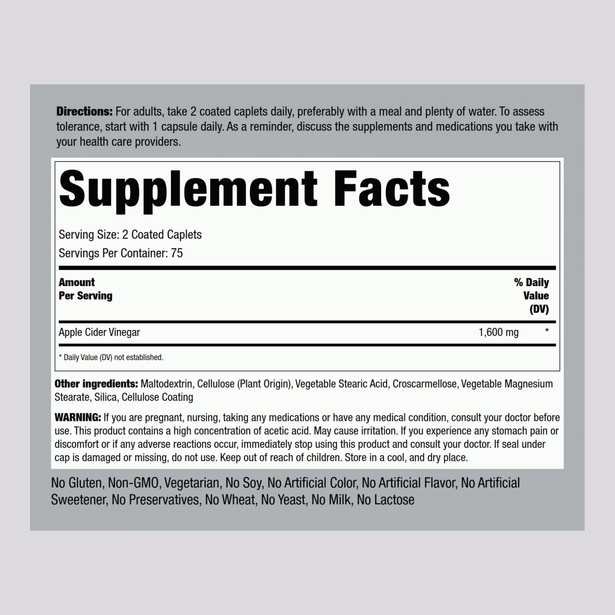 Piping Rock Apple Cider Vinegar Caplets label closeup—potency and purity focus.