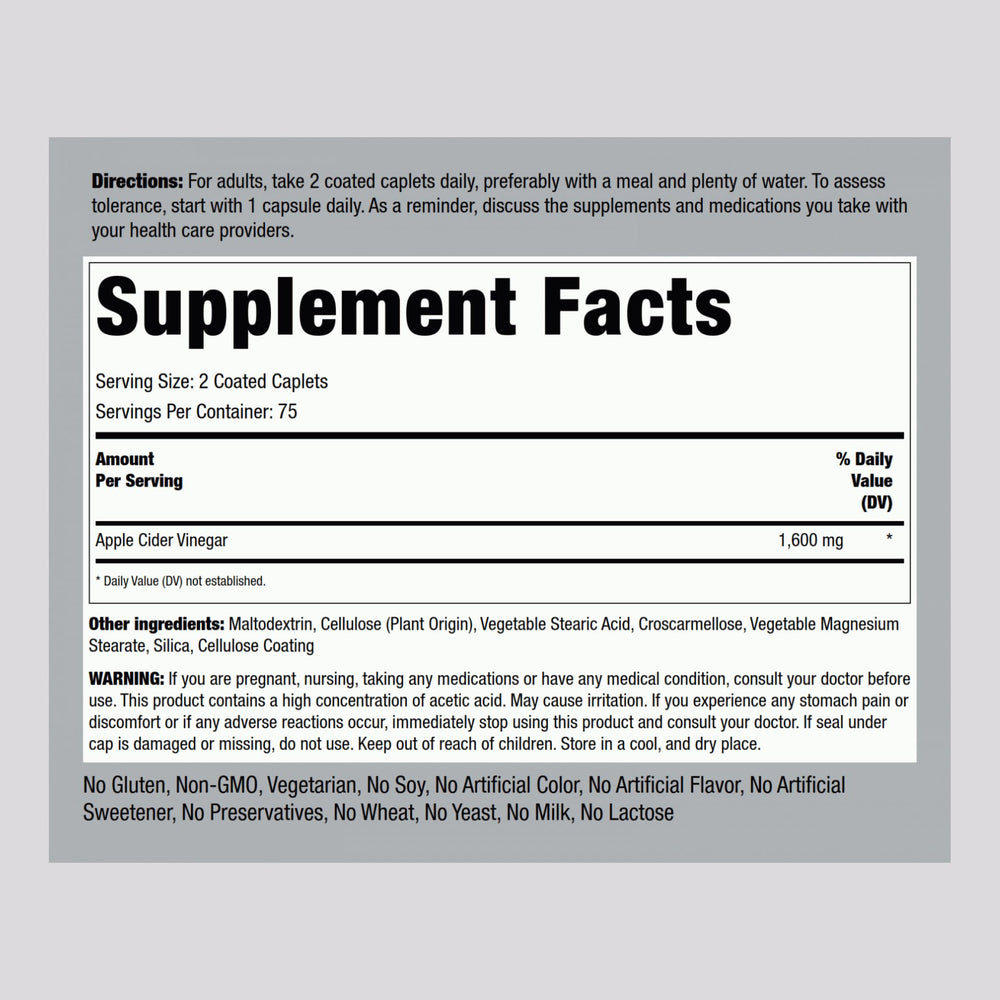 Piping Rock Apple Cider Vinegar Caplets label closeup—potency and purity focus.