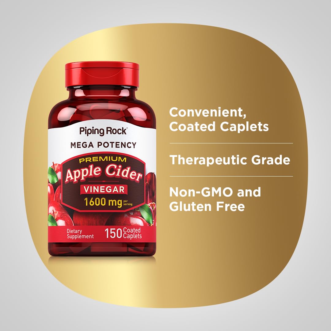 Piping Rock Apple Cider Vinegar Caplets pour—easy-to-swallow on-the-go format.