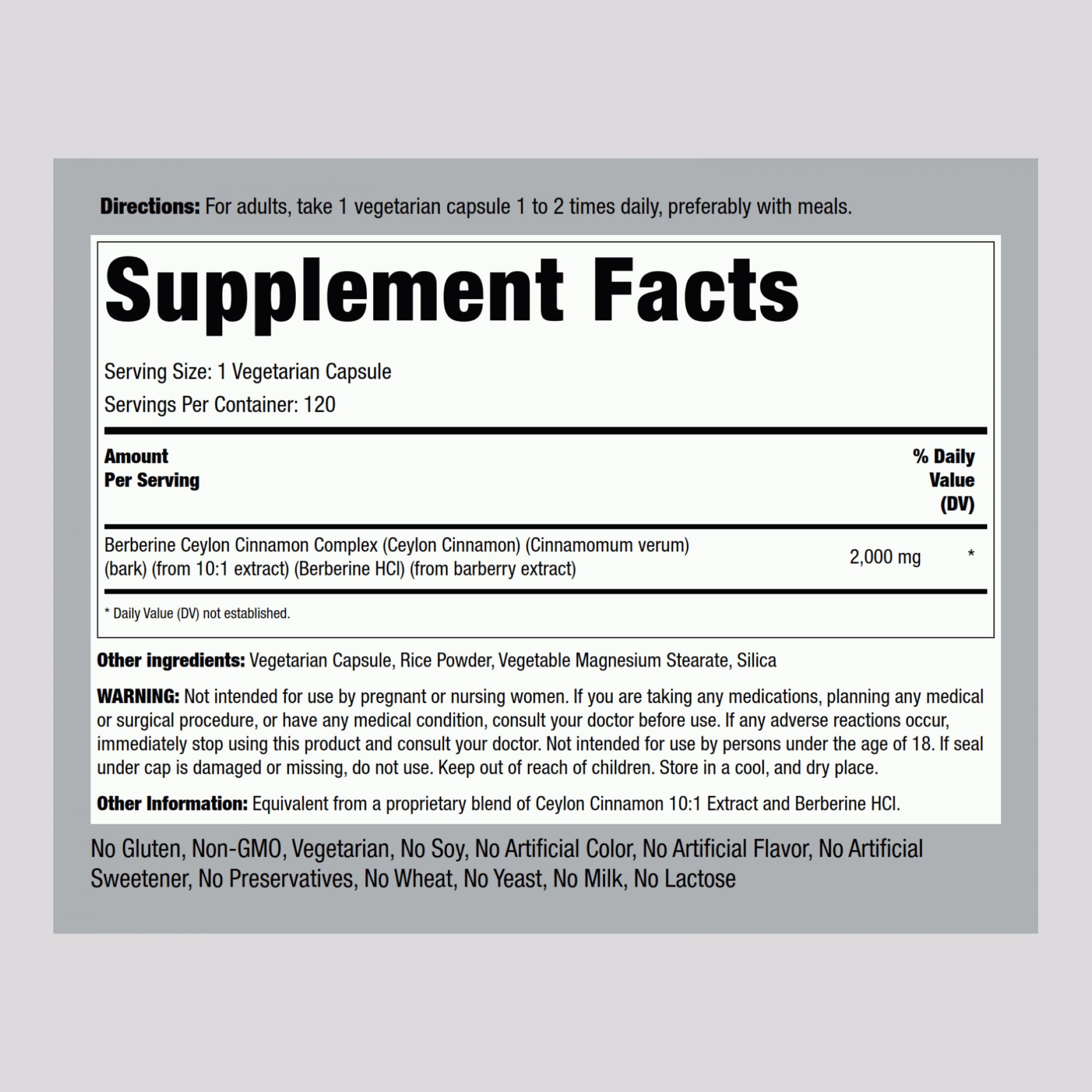 Piping Rock Berberine HCI Cinnamon Complex capsules close-up highlights convenient vegetarian capsules.