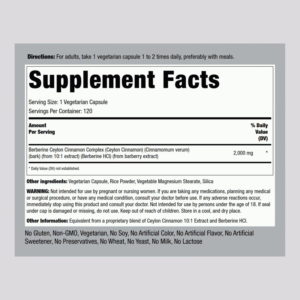 Piping Rock Berberine HCI Cinnamon Complex capsules close-up highlights convenient vegetarian capsules.