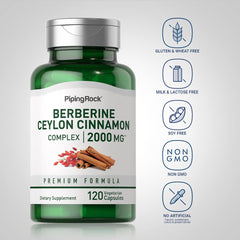 Piping Rock Berberine HCI Cinnamon Complex packaging shows trusted ingredients and product integrity.