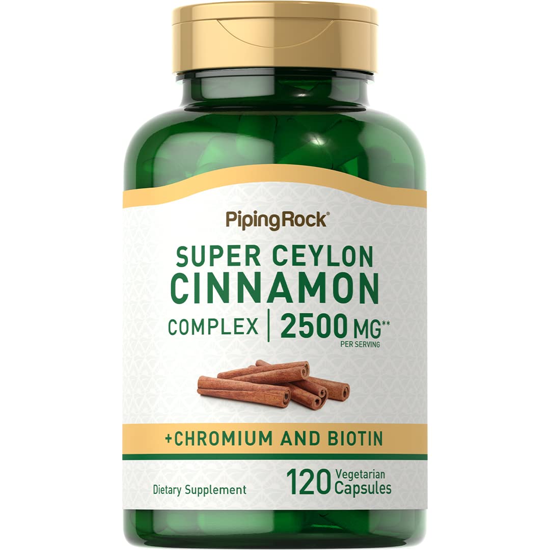 Piping Rock Ceylon Cinnamon capsules bottle on table, highlighting therapeutic grade quality.