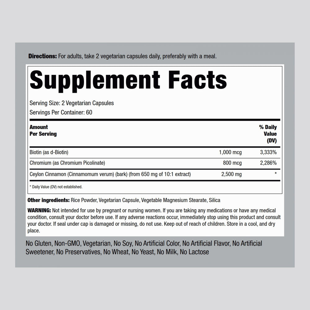 Piping Rock cinnamon capsules close-up label, emphasizing vegetarian non-GMO formulation.
